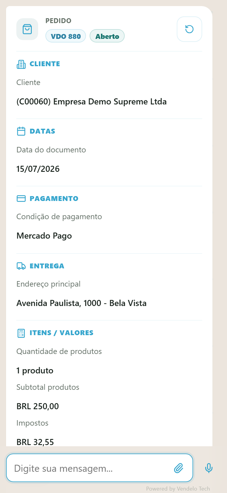 Card do pedido no celular com o botão de atualizar status