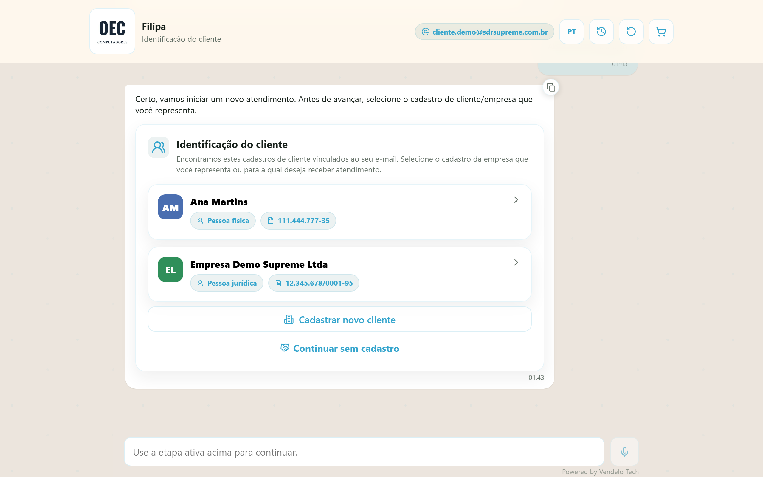 Seleção com dois cadastros vinculados ao mesmo contato: pessoa física e jurídica (desktop)