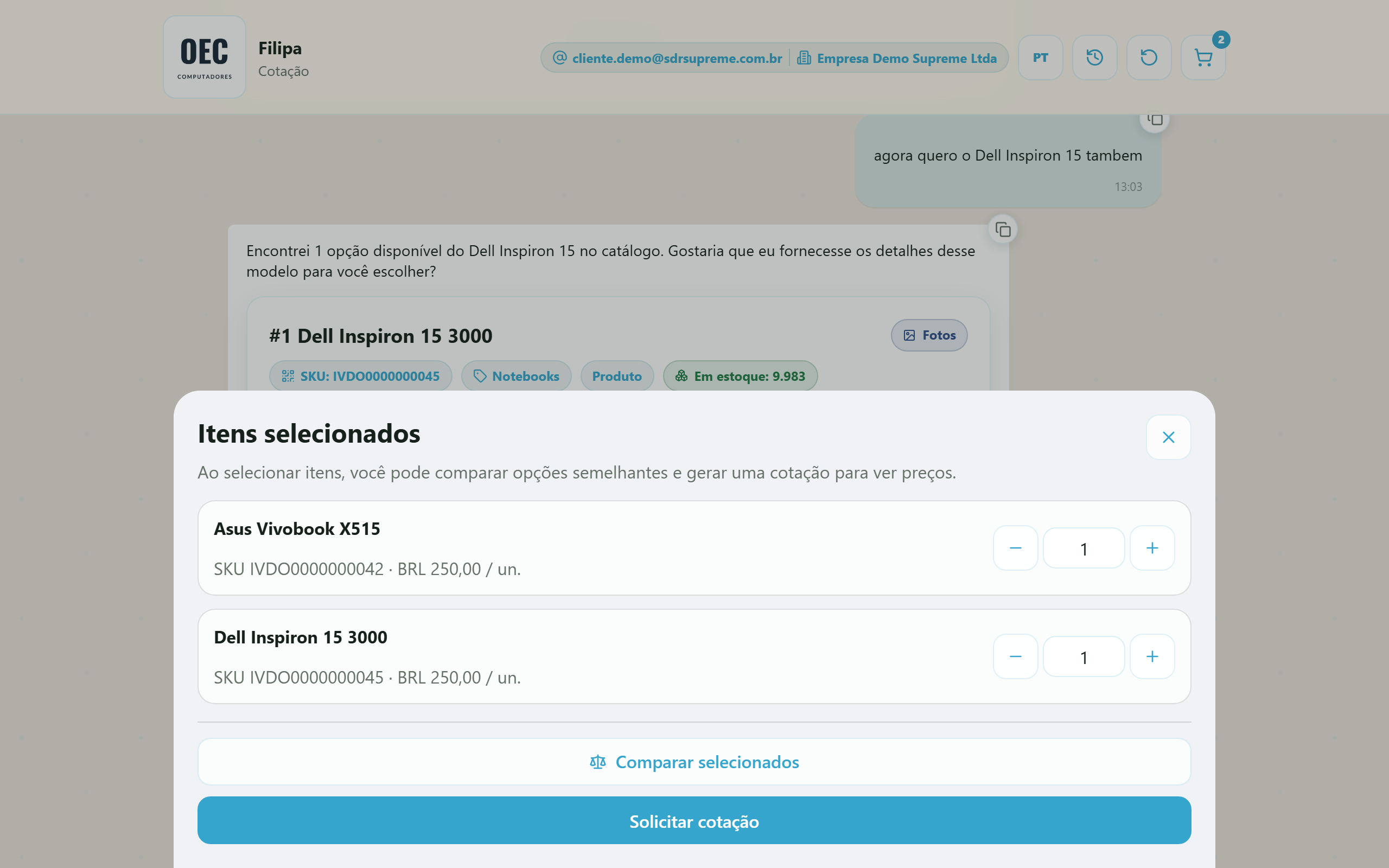 Painel do carrinho antes da cotação — quantidades, Comparar selecionados e Solicitar cotação (desktop)