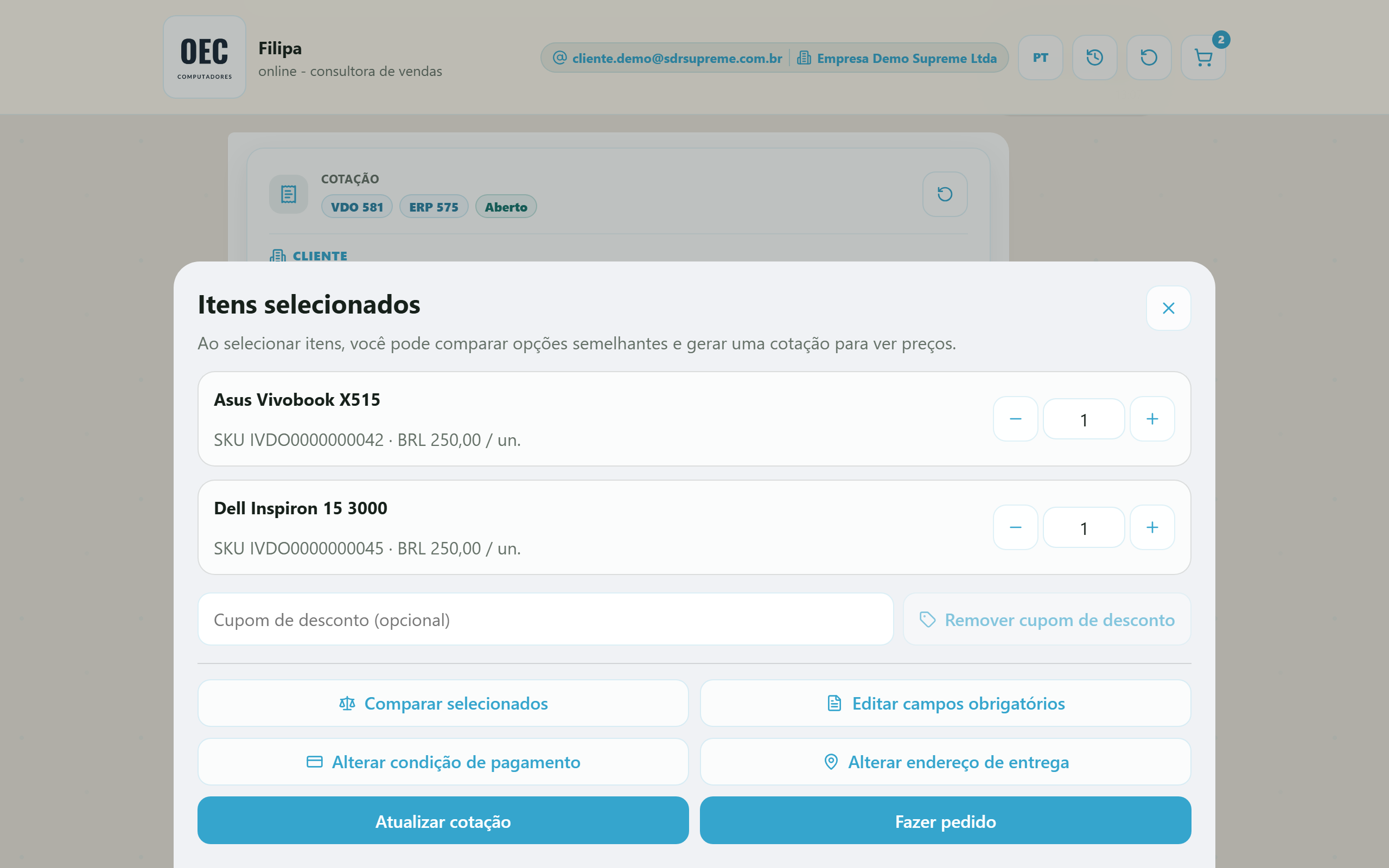 Painel do carrinho com cotação ativa — cupom, comparar, editar campos, alterar pagamento/endereço, atualizar cotação e fazer pedido (desktop)