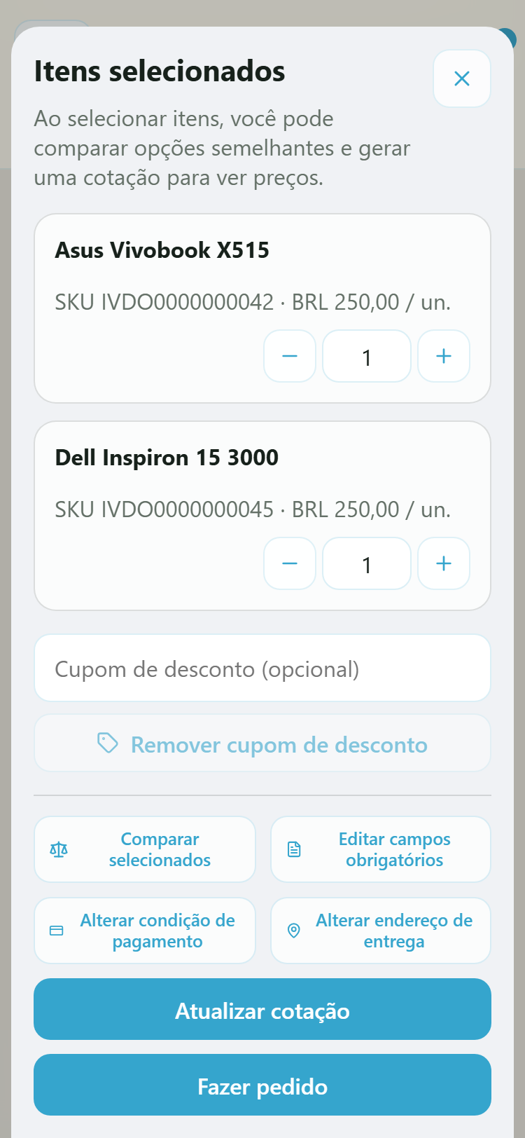 Painel do carrinho com cotação ativa no celular