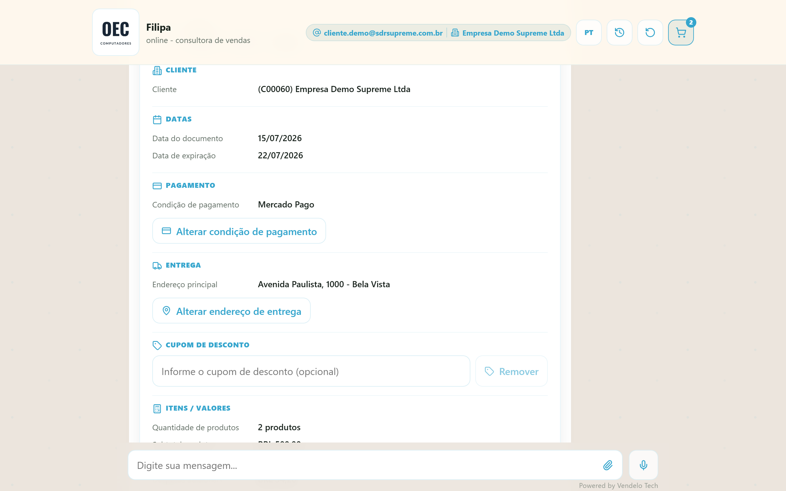 Card da cotação com blocos de pagamento, entrega e cupom, e o botão de atualizar status (desktop)