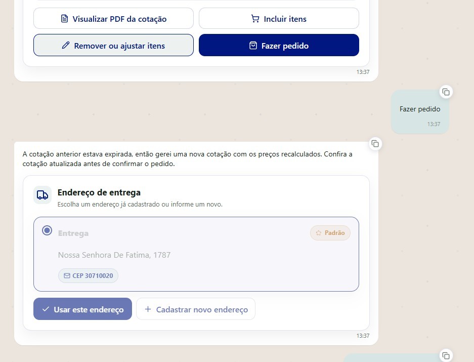Chat: ao "Fazer pedido" numa cotação vencida, o assistente avisa que gerou uma nova cotação com preços recalculados e retoma pelo endereço de entrega (desktop)