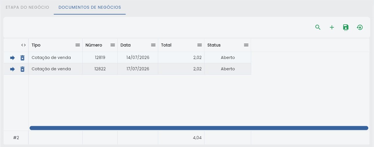 Vendelo, aba Documentos de Negócios da oportunidade: as duas cotações de venda lado a lado — a expirada e a nova recalculada (desktop)