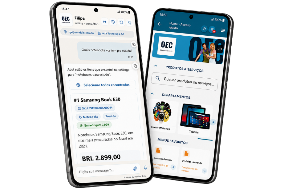 Os dois aplicativos do Vendelo lado a lado em celulares: o SDR Supreme respondendo no chat com os itens encontrados no catálogo e o Força de Vendas na tela de acesso rápido, com departamentos e menus favoritos