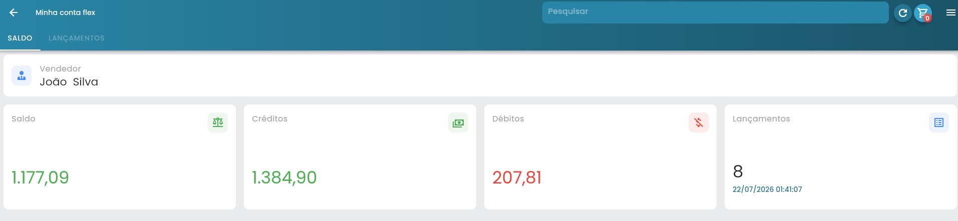 Aba Saldo da tela Minha conta flex com o cartao do vendedor no topo e quatro cartoes lado a lado: saldo atual em verde, total de creditos em verde, total de debitos em vermelho e quantidade de lancamentos com a data do ultimo
