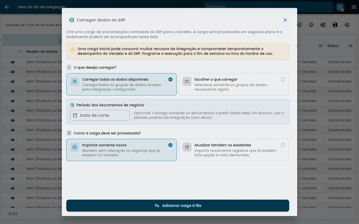 Tela Carregar dados do ERP com a opção Carregar todos os dados disponíveis selecionada, o aviso de impacto de desempenho e o campo Data de corte
