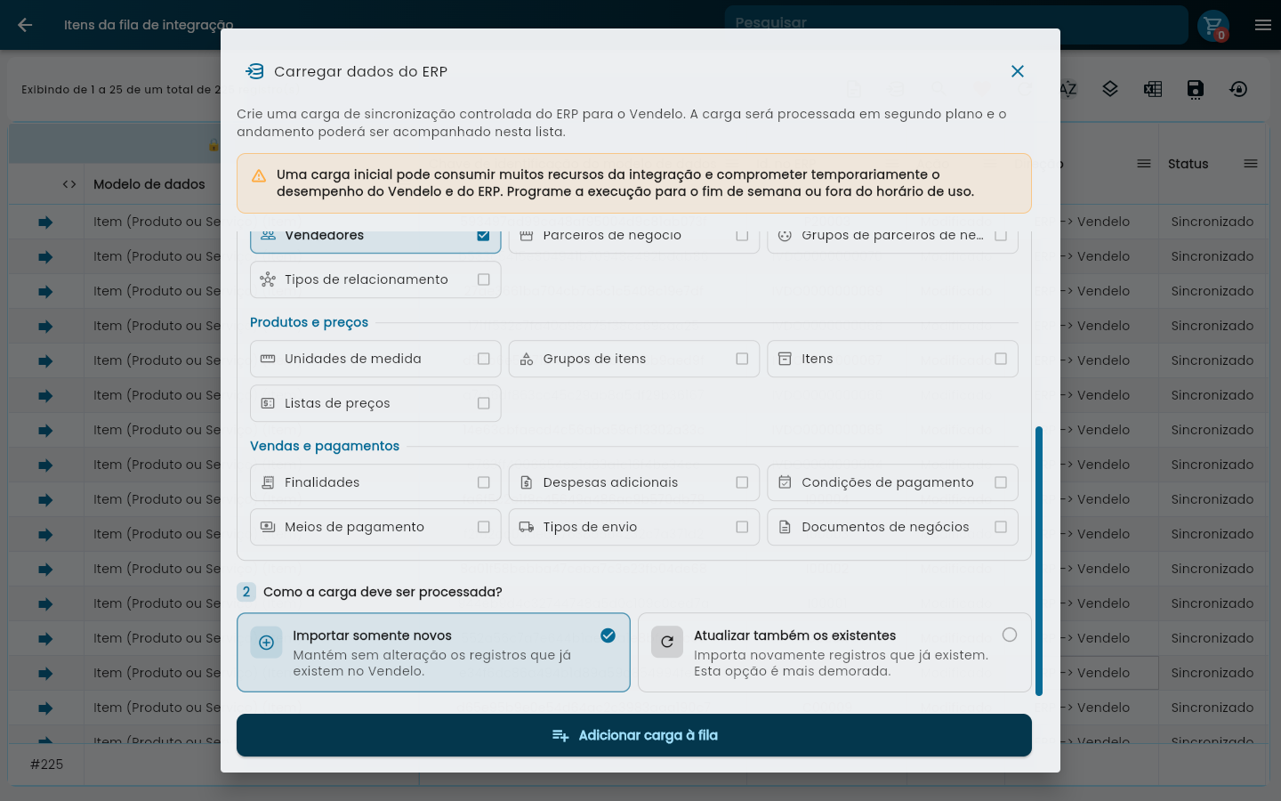 Parte inferior da tela Carregar dados do ERP com os grupos Produtos e preços e Vendas e pagamentos e a etapa 2, com as opções Importar somente novos e Atualizar também os existentes