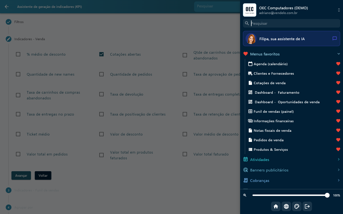 Menu lateral aberto no computador com cabeçalho da empresa, campo Pesquisar, atalho da Filipa, seção Menus favoritos no topo e seções em ordem alfabética, com o coração visível ao passar o mouse
