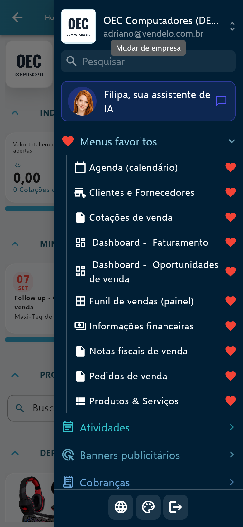 Menu lateral aberto no celular com cabeçalho, campo Pesquisar, seções e o coração de favorito visível em todos os itens