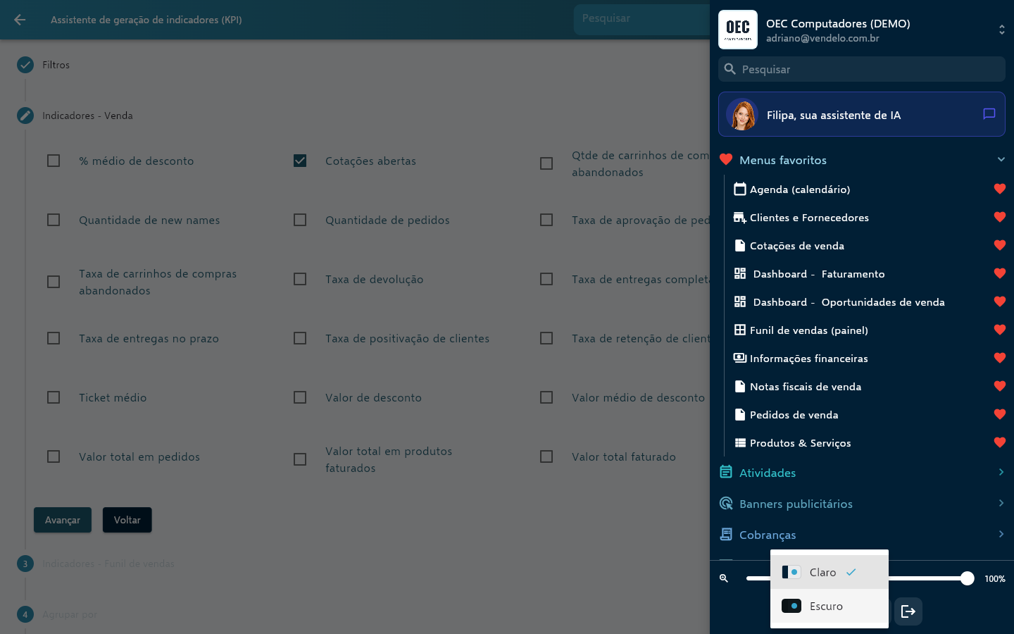 Rodapé do menu lateral no computador com o controle de zoom e os botões Início, Idioma, Tema, Arquivos do APP e Sair, com a lista de temas Claro e Escuro aberta
