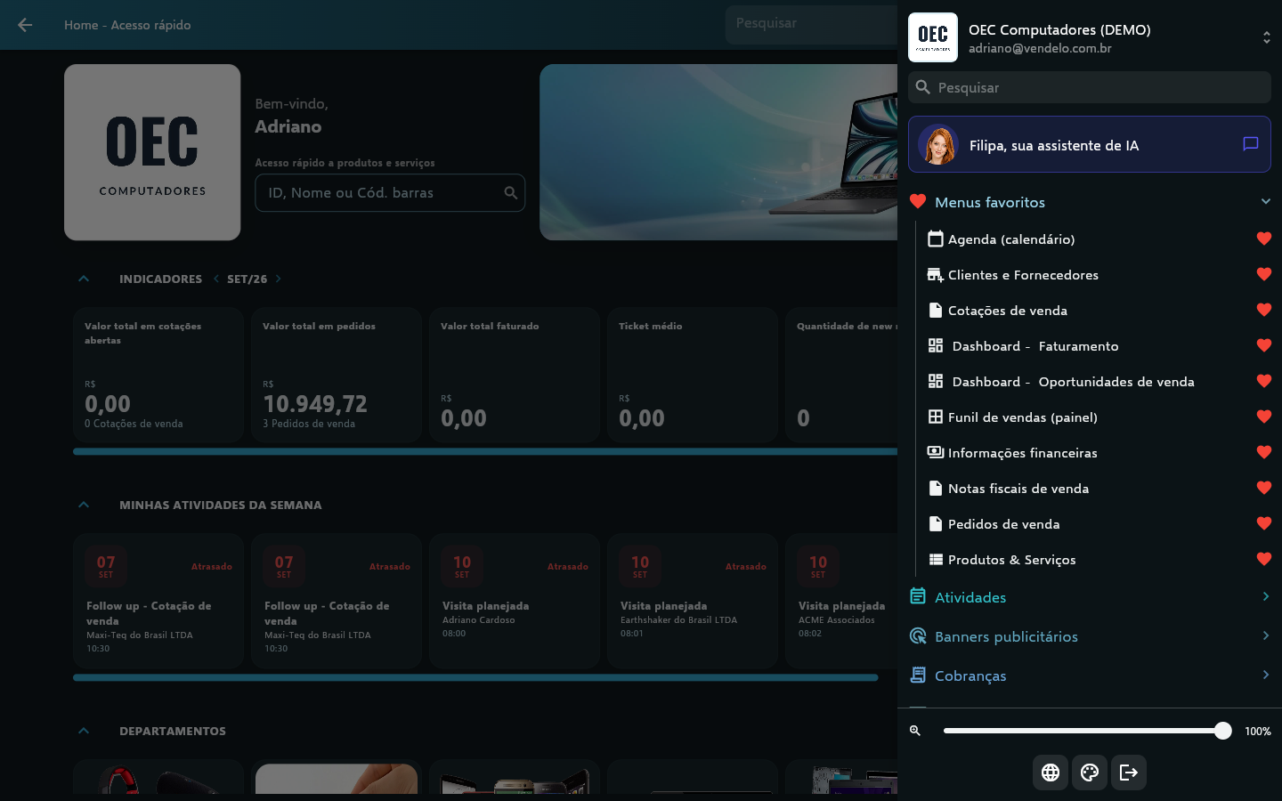 Tela do Vendelo no computador com o tema Escuro aplicado e o menu lateral aberto