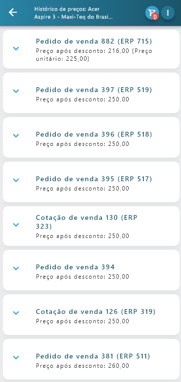 Tela Histórico de preços no celular em cards, cada um com o tipo e o número do documento no título e o preço após desconto logo abaixo