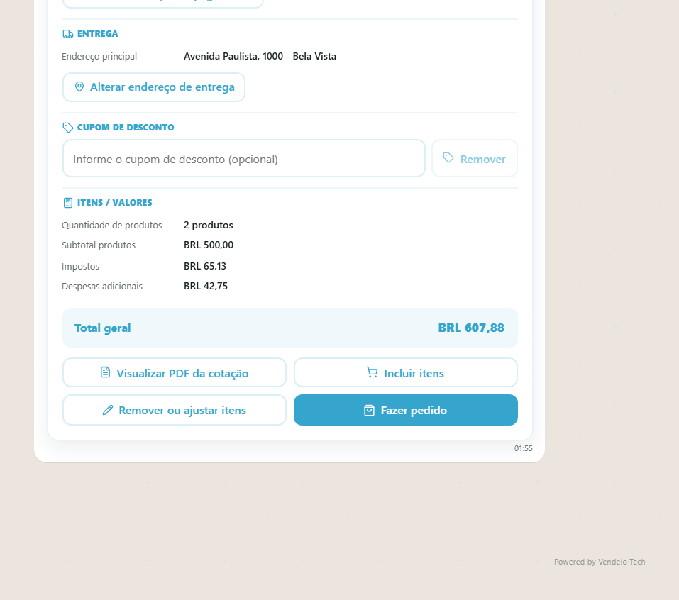 Rodapé do card da cotação — totais e ações: PDF, incluir itens, ajustar, fazer pedido (desktop)